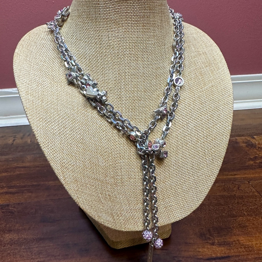 Otazu Silver Lariat Necklace With Pink Swarovski Crystals Set In Stars & Hearts